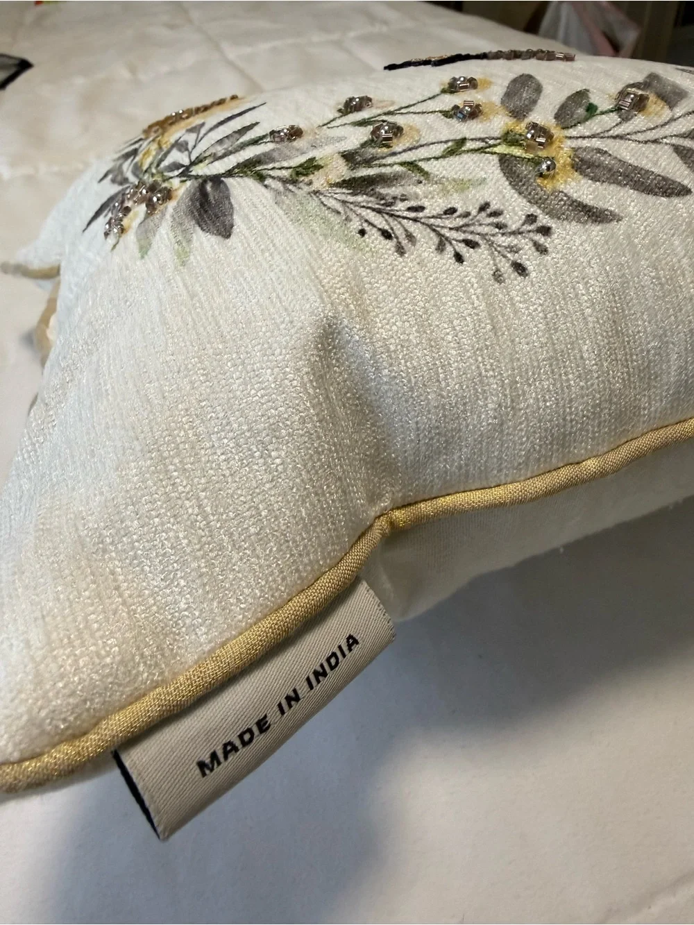 Embroidered beaded Bee Accent Pillow . 11 x 11